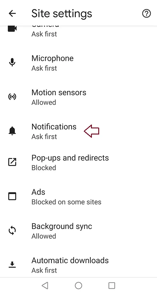 Google chrome site settings notification
