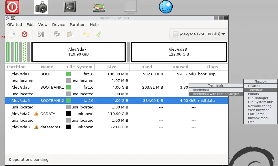 Gparted live showing the partitions