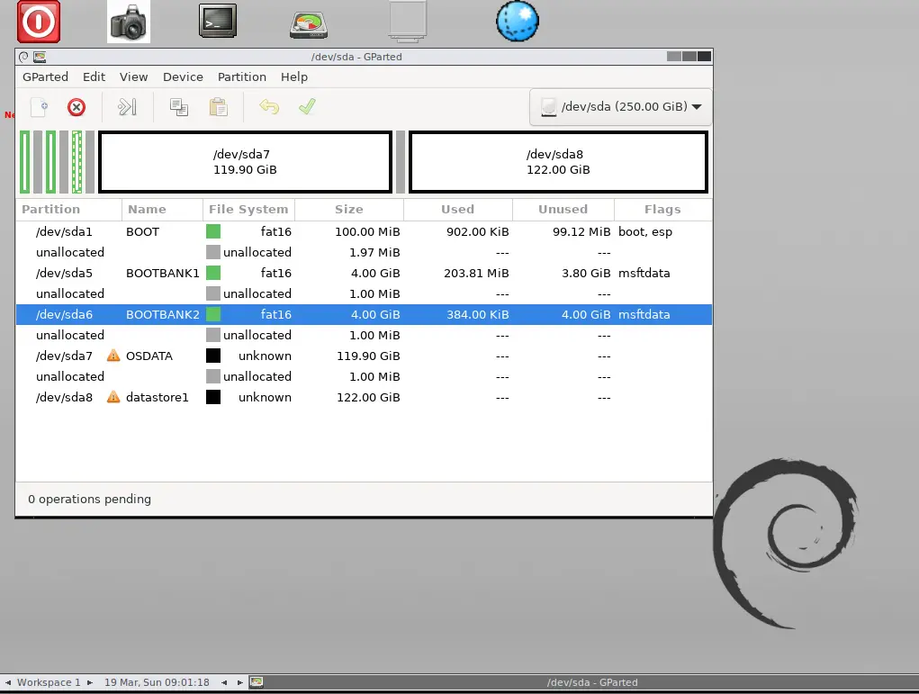 Gparted showing the partitions