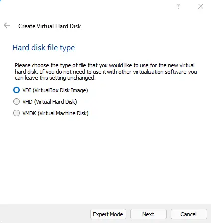 Hard disk file type VDI