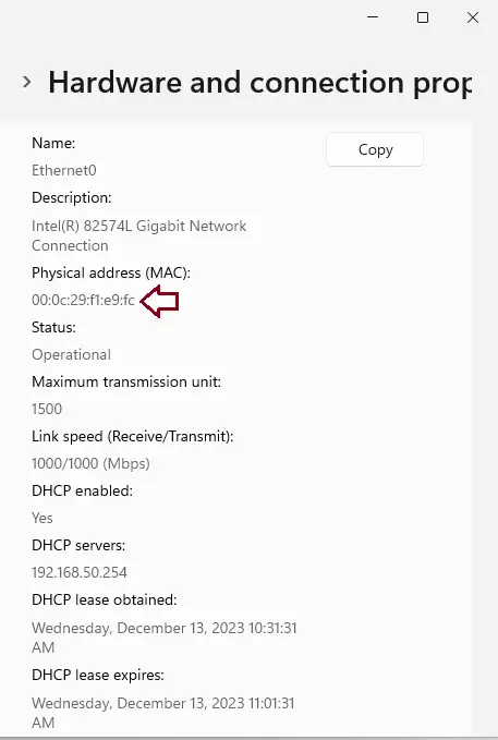 Hardware and connection properties MAC