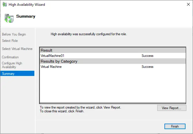 High availability wizard summary