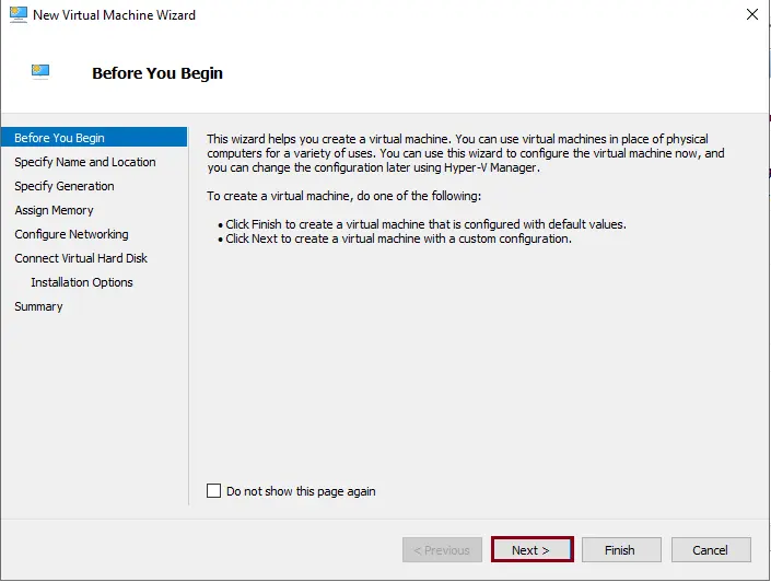 Hyper-V New virtual machine wizard