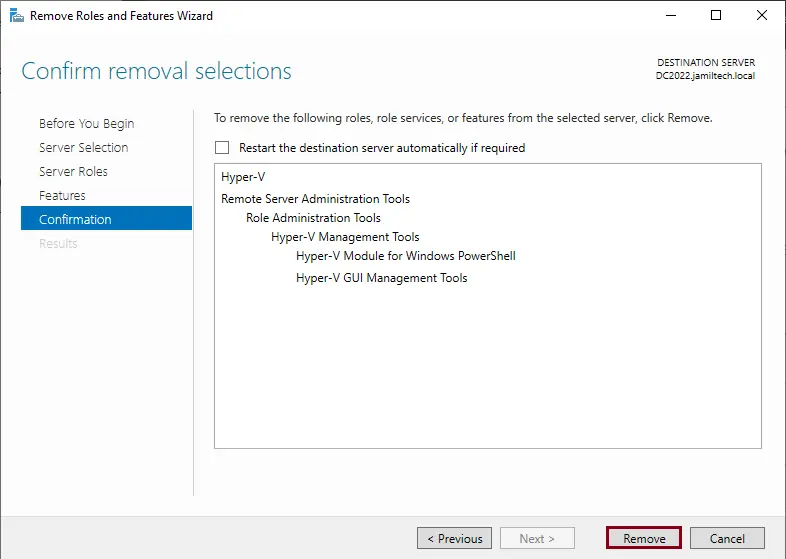 Hyper-V Role confirm removal selections