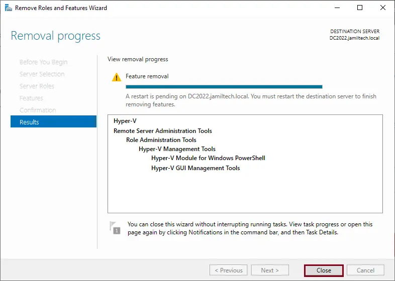 Hyper-V Role view removal progress