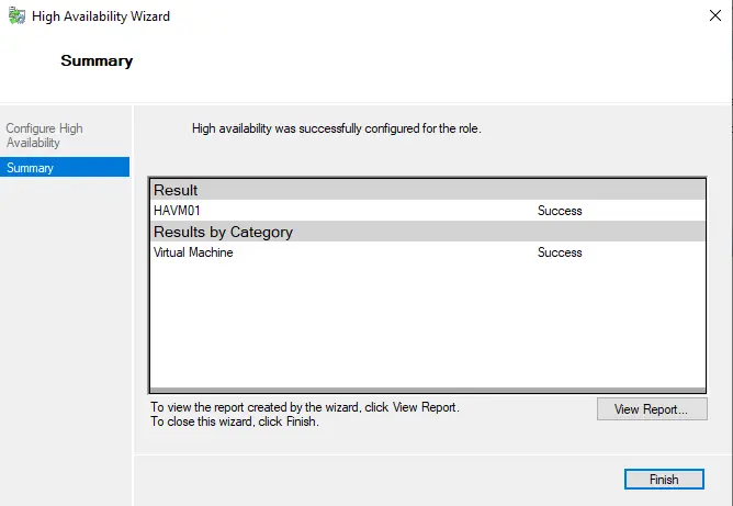 Hyper-V high availability VM summary