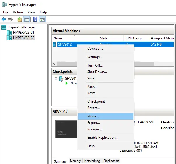 Hyper-V manager VM menu