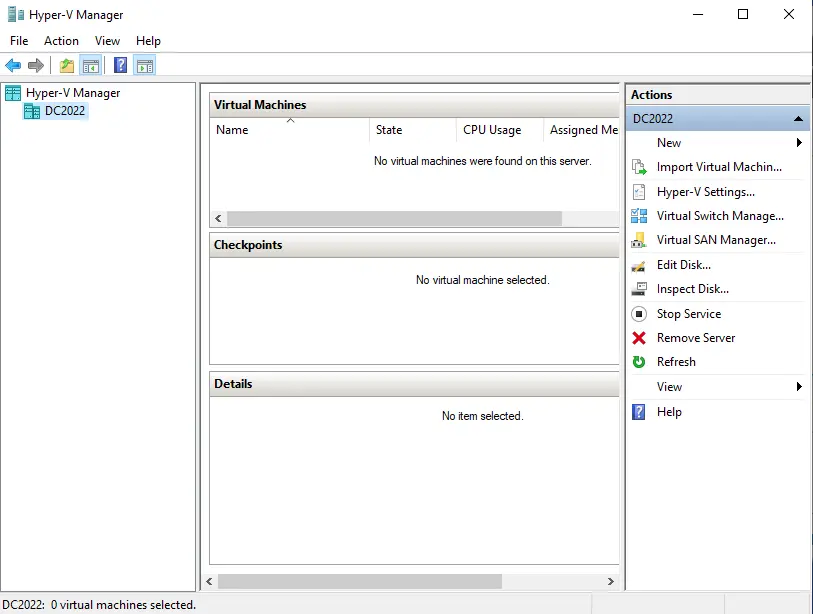 Hyper-V manager interface