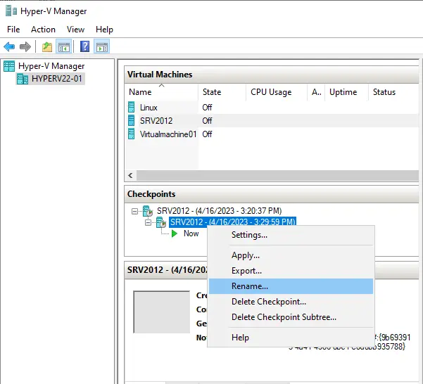 Hyper-V manager rename checkpoints