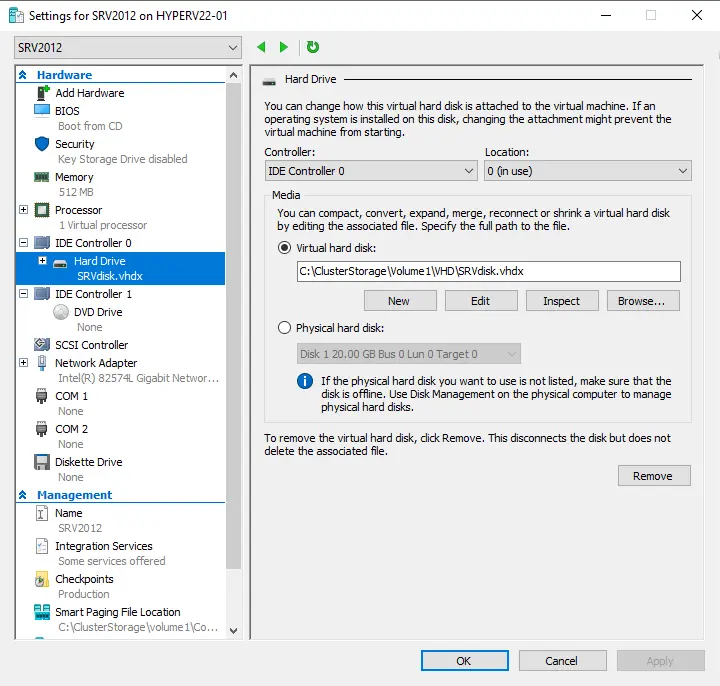 Hyper-V virtual machine settings