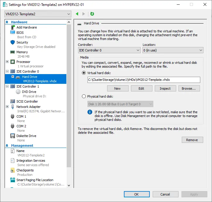 Hyper-V virtual machine settings