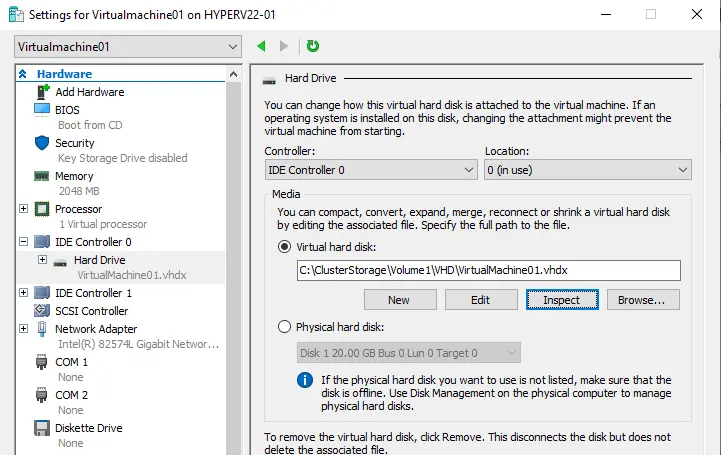 Hyper-V virtual machine settings