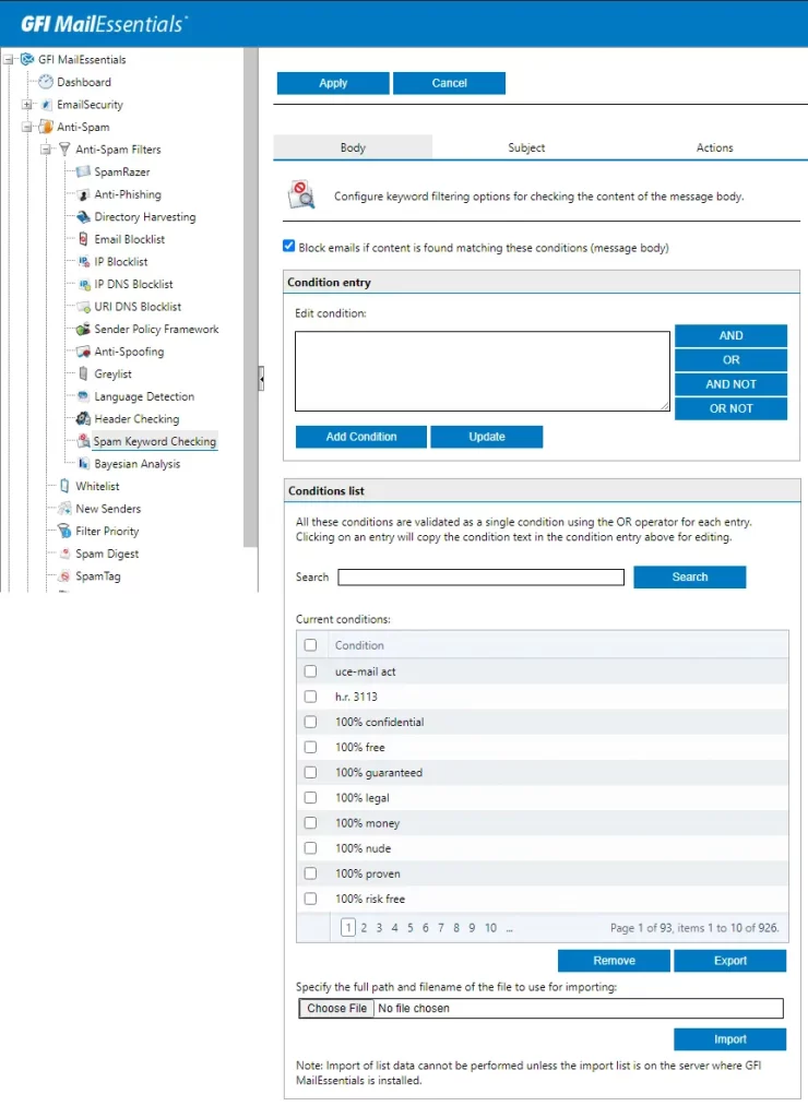 Import GFI spam keyword checking