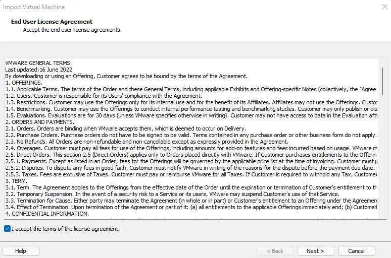 Import VM End User License Agreement