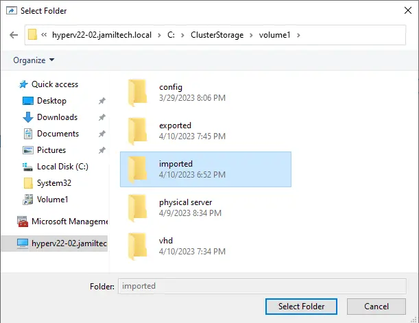 Import VM Hyper-V select folder