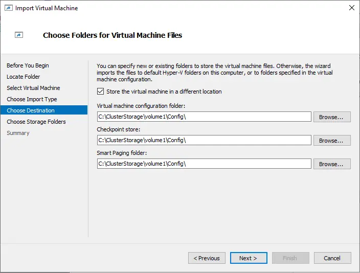 Import VM choose destination