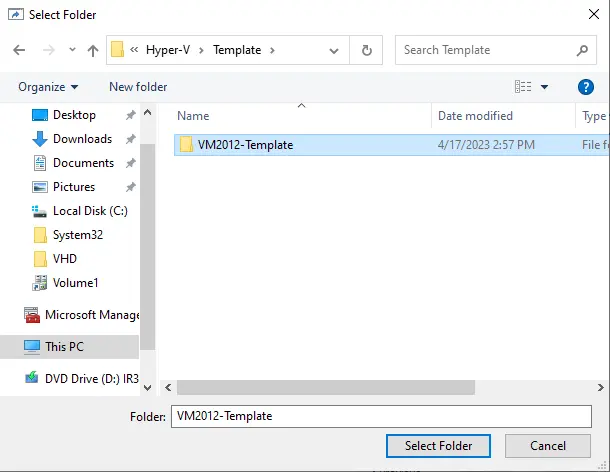 Import VM select folder