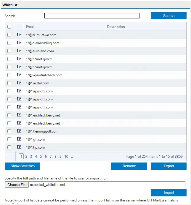 Import Whitelist emails GFI Mailessentials