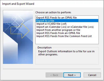 Import and export wizard outlook