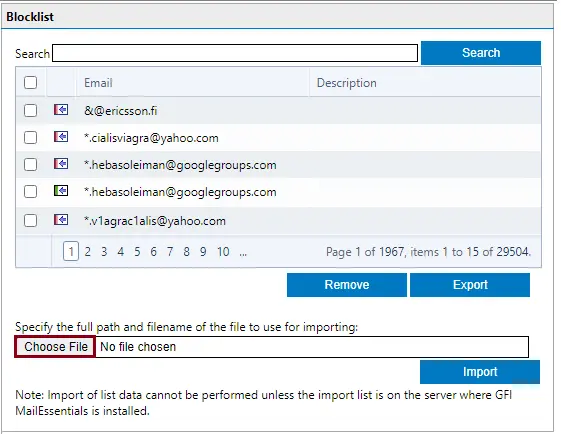 Import email blocklist GFI