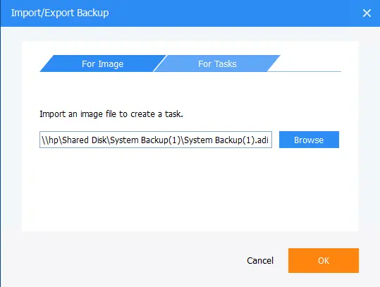 Import/export backup AOMEI backupper