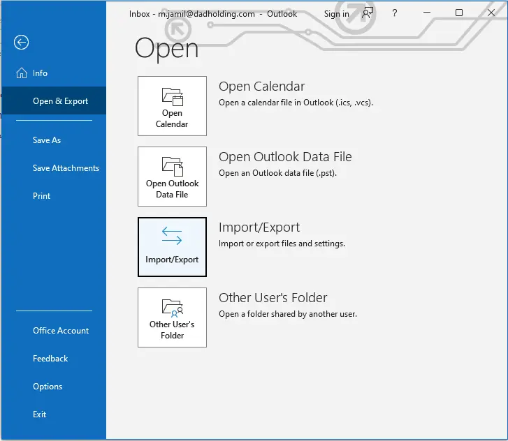 Import/export outlook emails