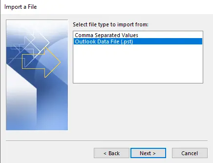 Import outlook data file