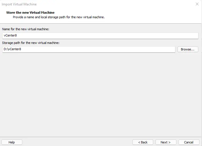 Import virtual machine VM name and path