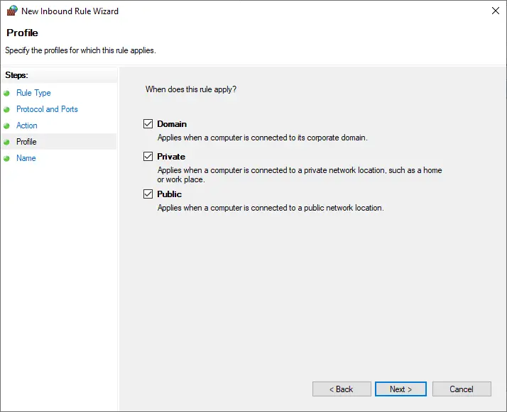 Inbound rule specify the profiles