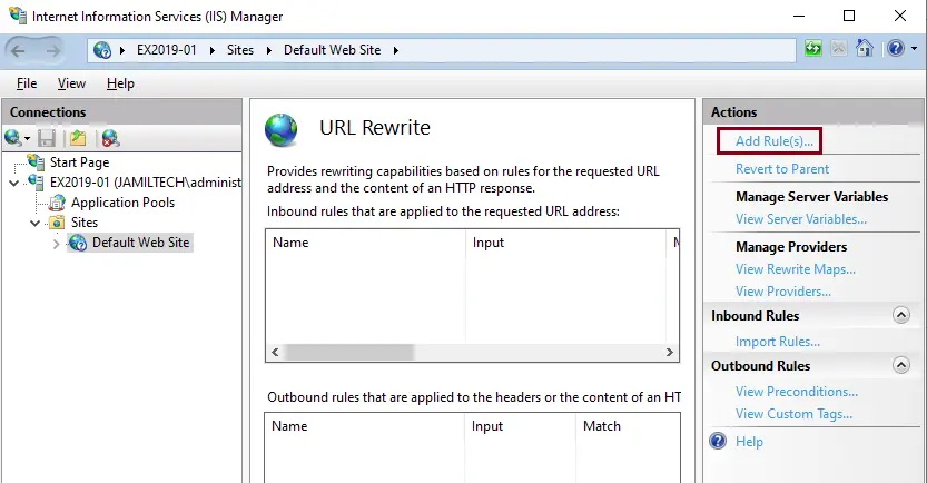 Initiating adding rules IIS manager