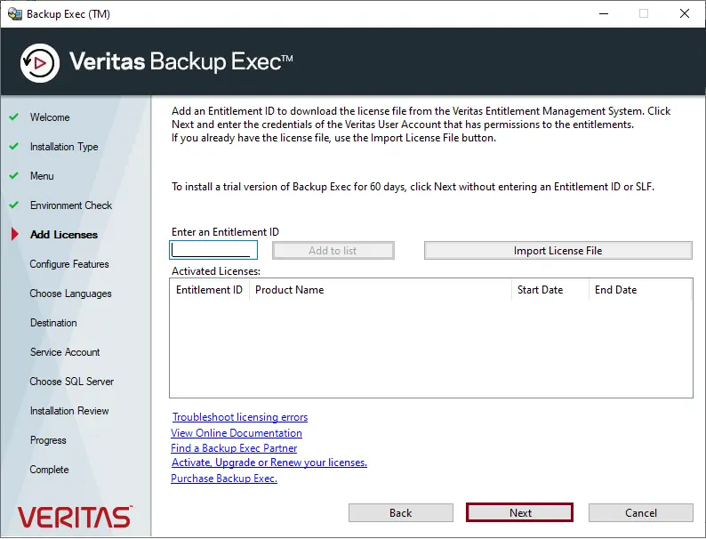 Install Backup Exec add license