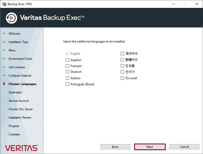 Install Backup Exec choose languages