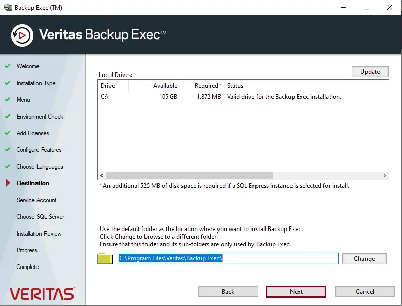 Install Backup Exec destination