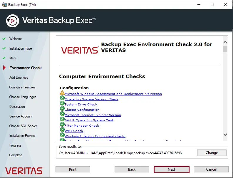 Install Backup Exec environment check