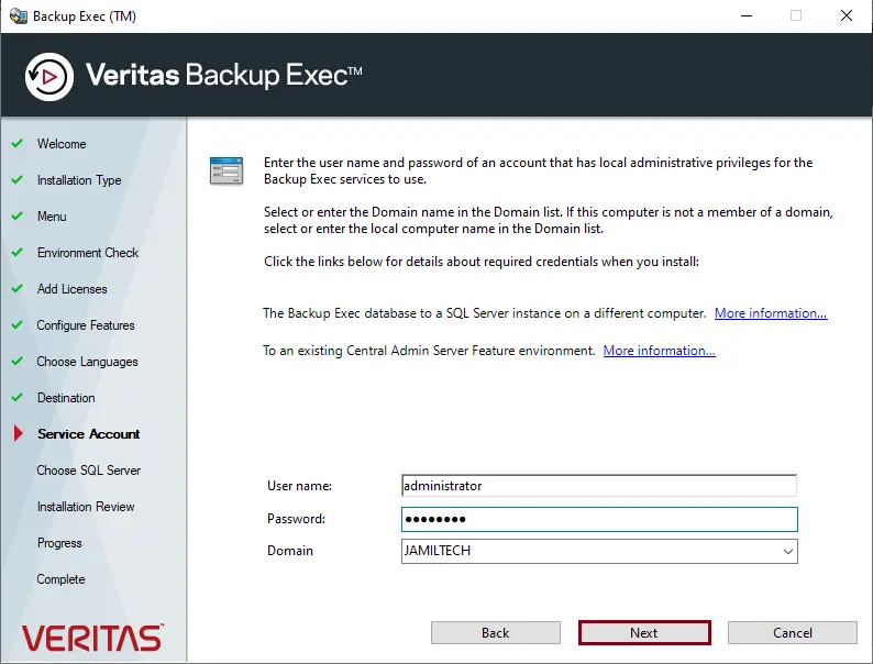 Install Backup Exec service account