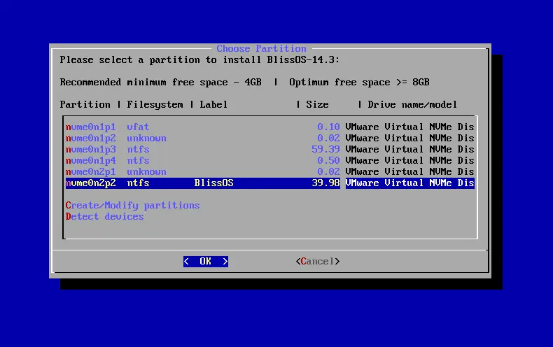 Install Bliss OS choose partition