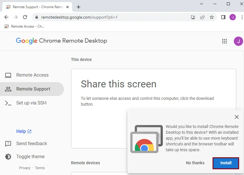 Install Chrome remote desktop