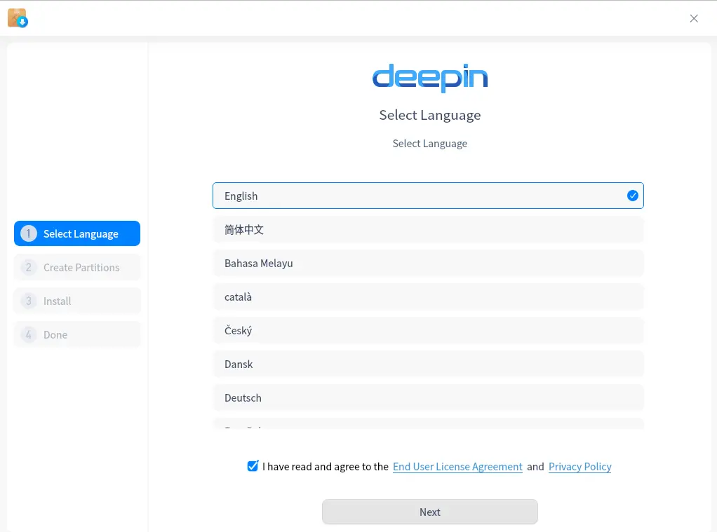 Install Deepin Linux select language