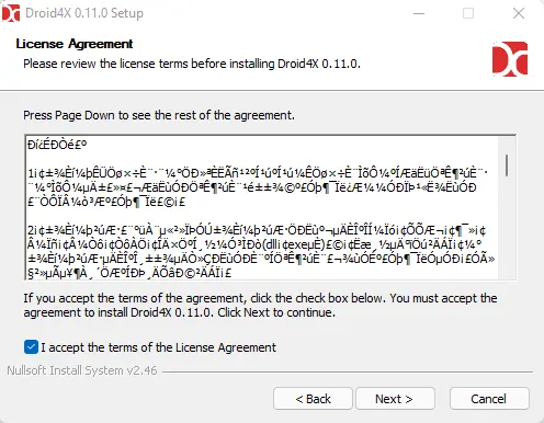 Install Droid4X license agreement