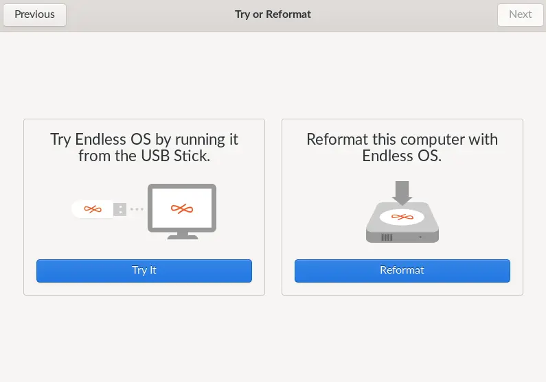 Install Endless OS try or reformate