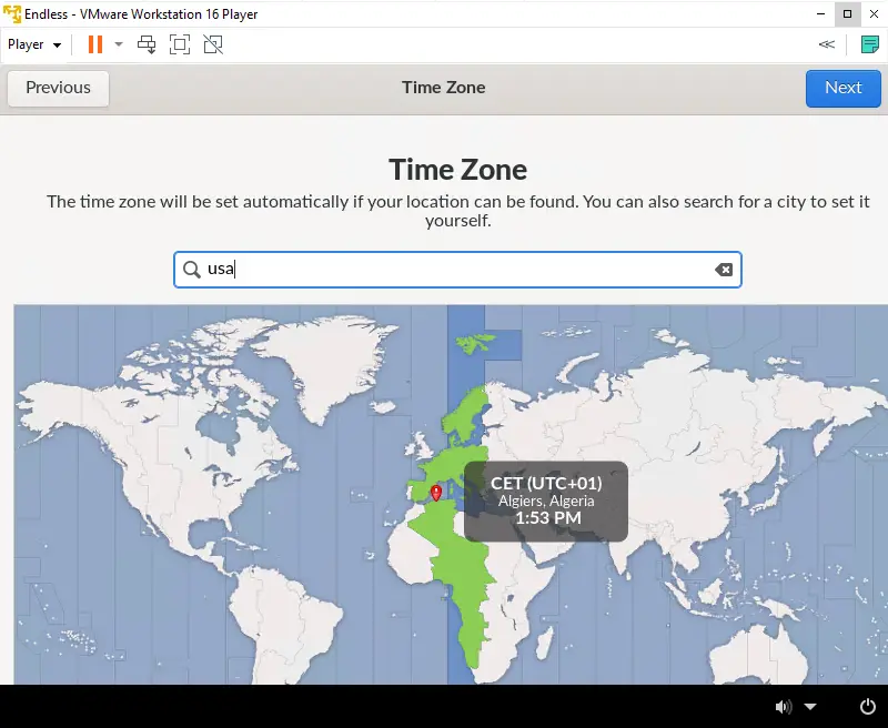 Install Endless in VMware Player Time zone