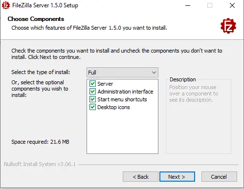 Install FileZilla Server choose components