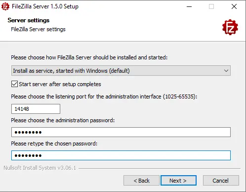 Install FileZilla Server settings