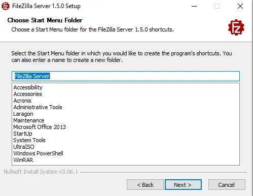 Install FileZilla start menu folder