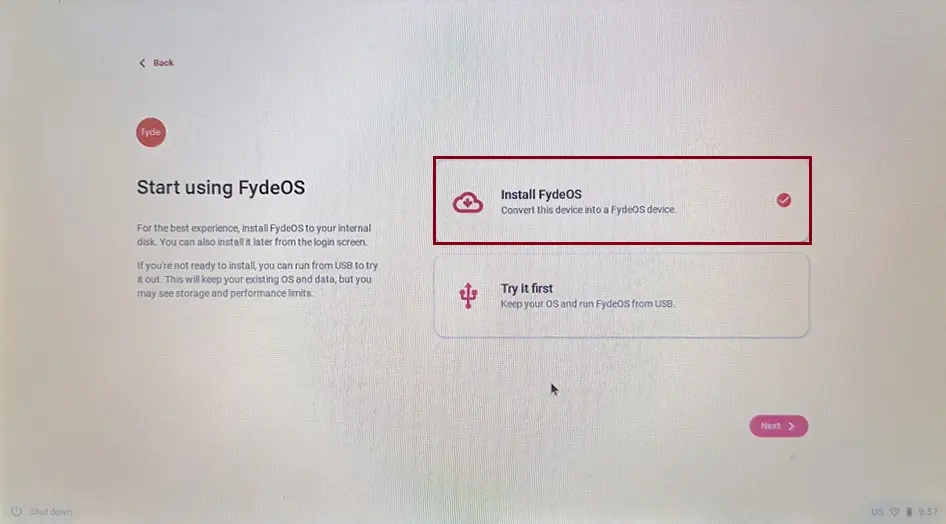 Install FydeOS using USB bootable