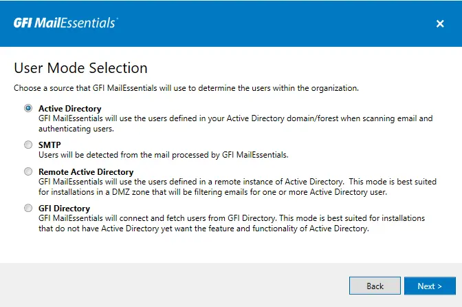 Install GFI Mailessentials user mode selection
