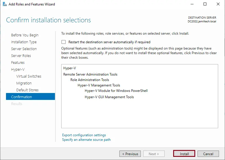 Install Hyper-V confirm installation selections