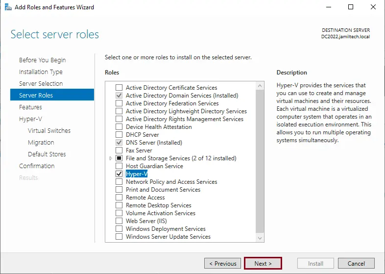 Install Hyper-V server role