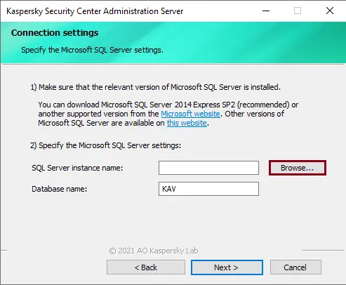 Install Kaspersky Security connection settings