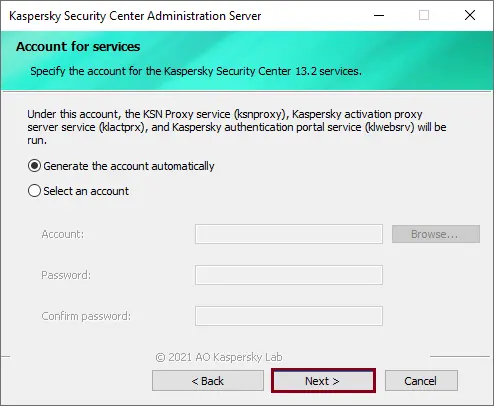 Install Kaspersky generate the account